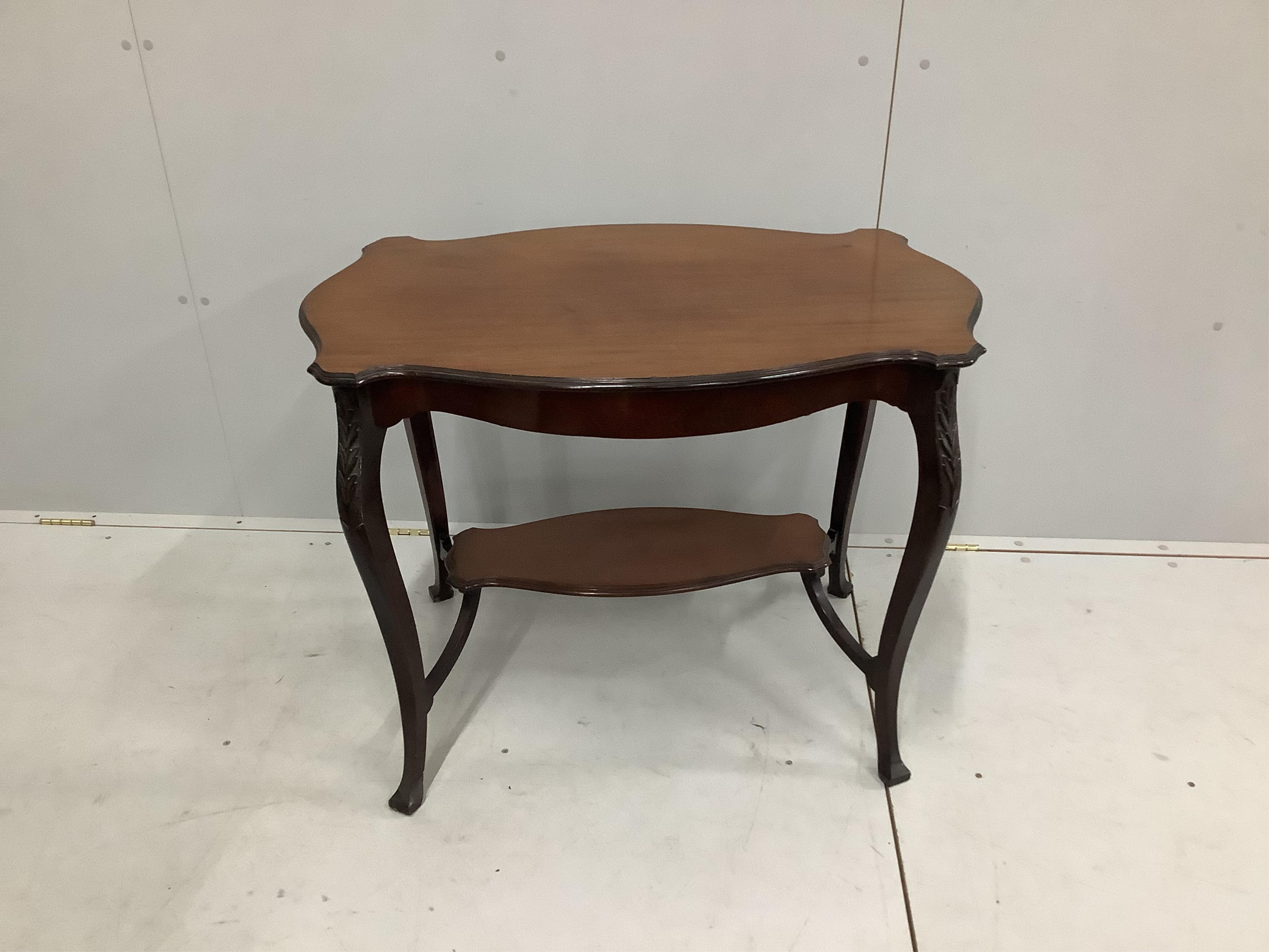 A Victorian mahogany Sutherland table, width 75cm, height 66cm, together with a late Victorian mahogany two tier occasional table. Condition - fair